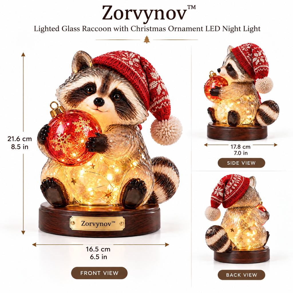 Zorvynov™ Lighted Glass Raccoon with Christmas Ornament LED Night Light