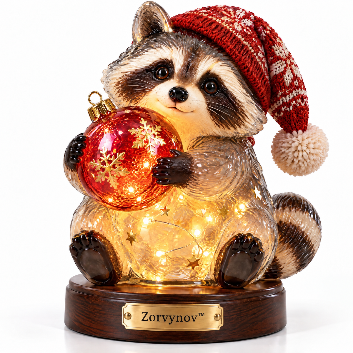 Zorvynov™ Lighted Glass Raccoon with Christmas Ornament LED Night Light
