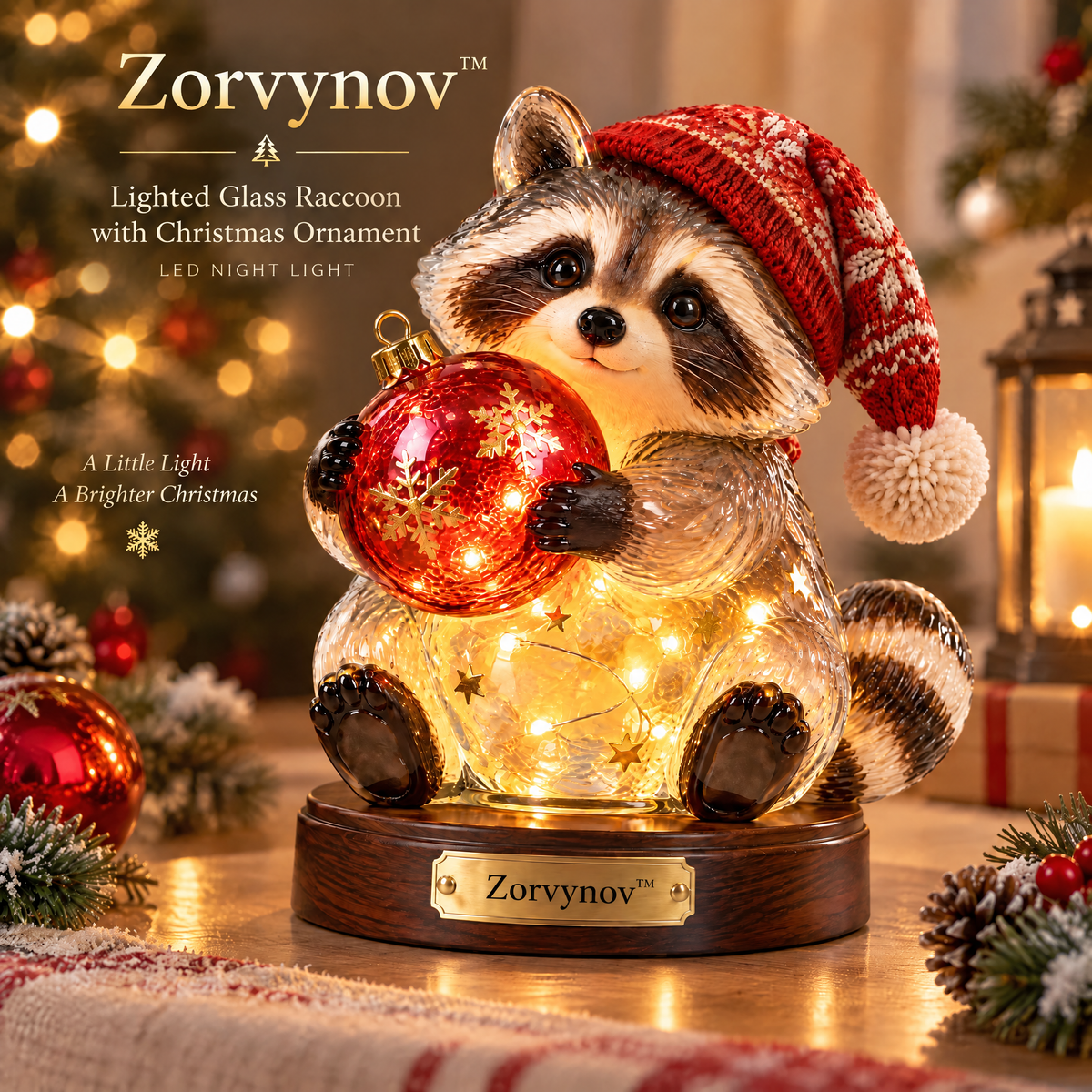 Zorvynov™ Lighted Glass Raccoon with Christmas Ornament LED Night Light