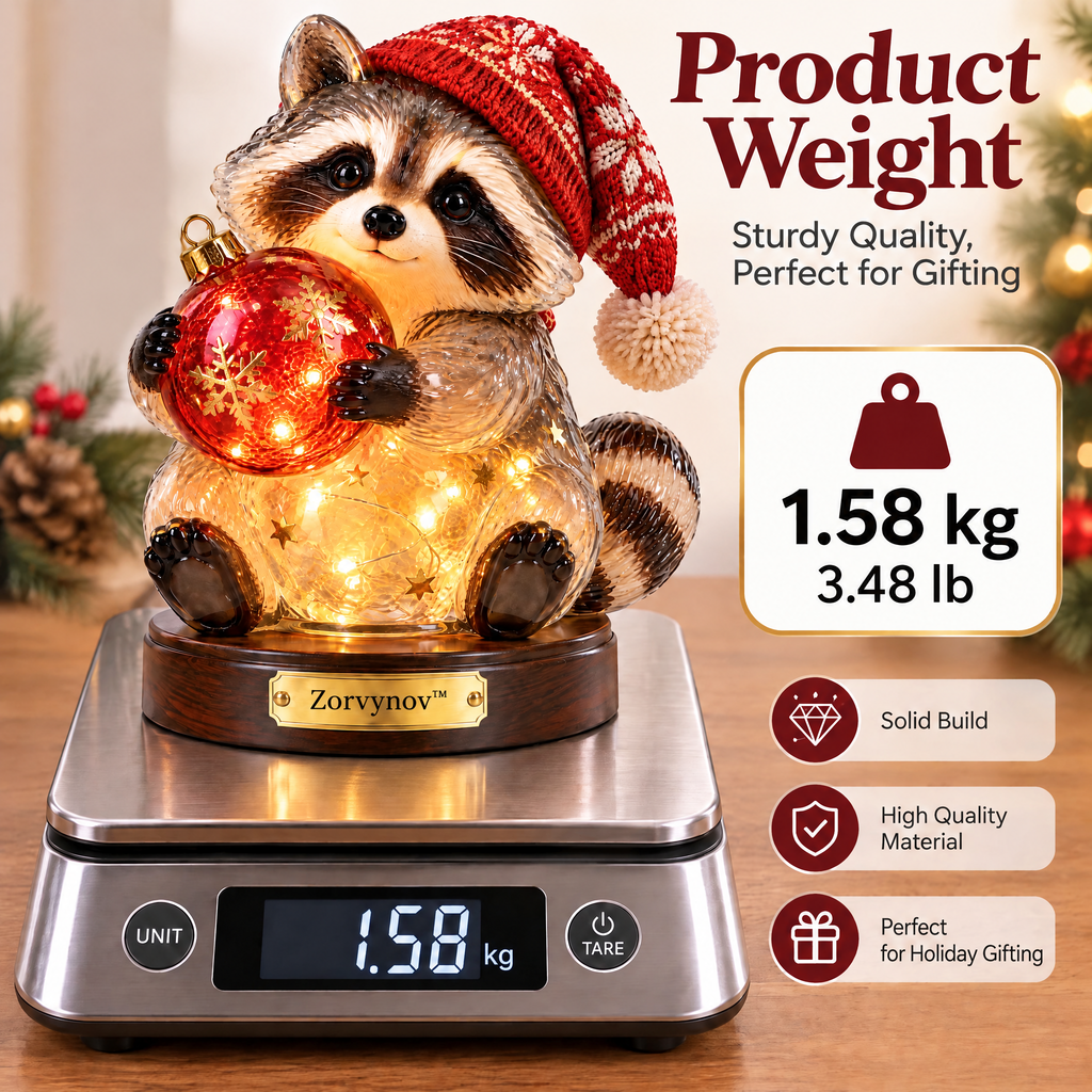 Zorvynov™ Lighted Glass Raccoon with Christmas Ornament LED Night Light