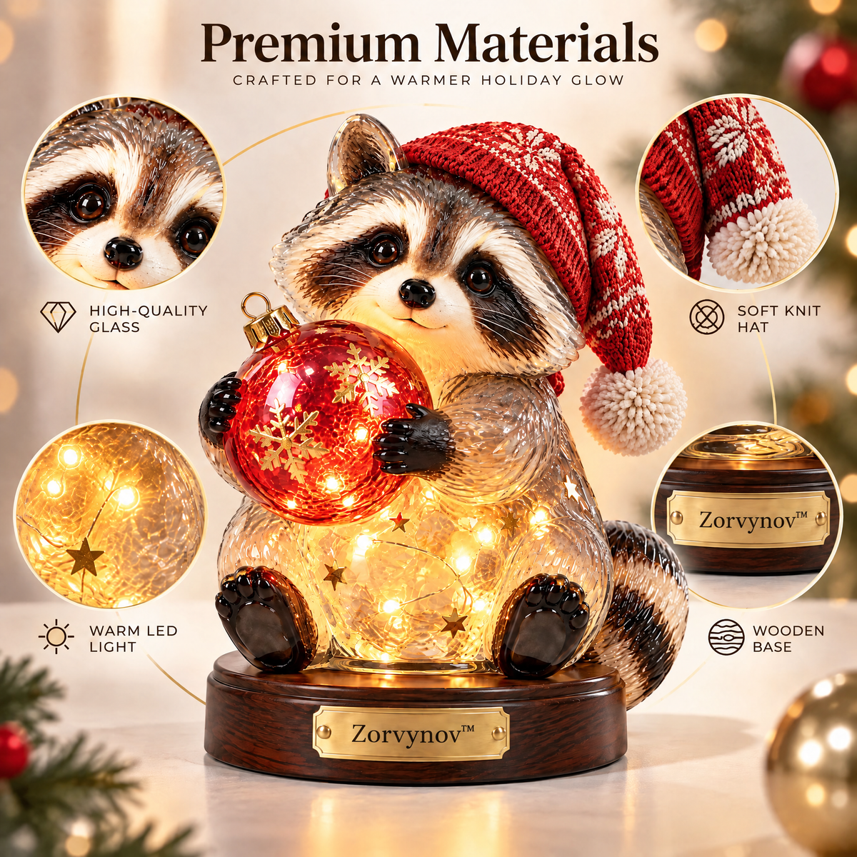 Zorvynov™ Lighted Glass Raccoon with Christmas Ornament LED Night Light