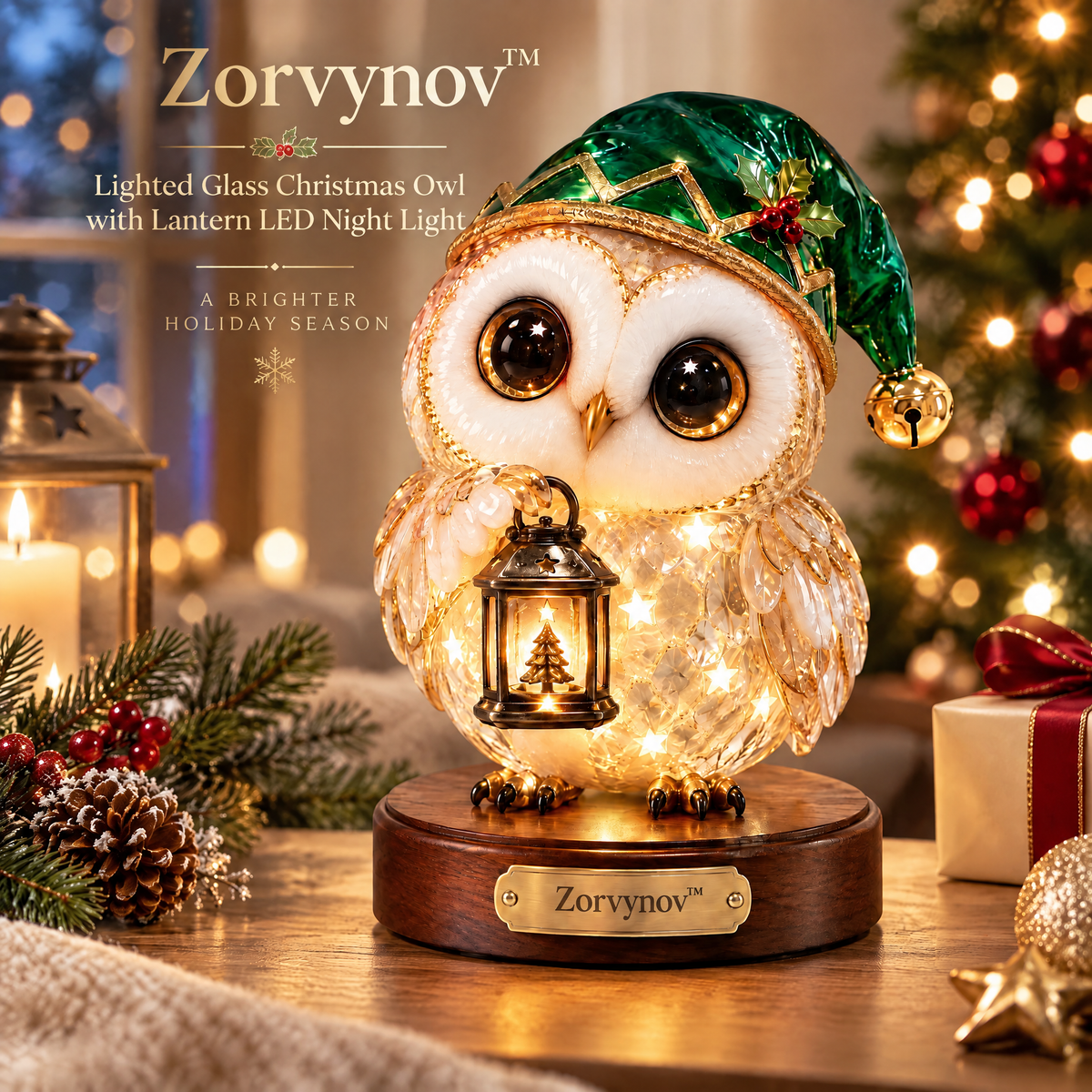 Zorvynov™ Lighted Glass Christmas Owl with Lantern LED Night Light
