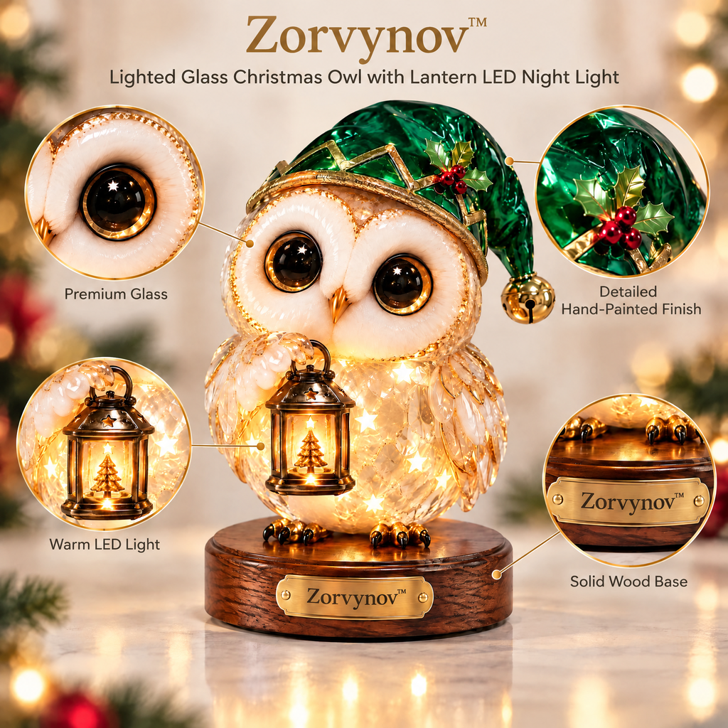 Zorvynov™ Lighted Glass Christmas Owl with Lantern LED Night Light