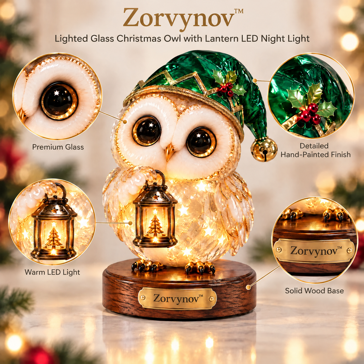 Zorvynov™ Lighted Glass Christmas Owl with Lantern LED Night Light