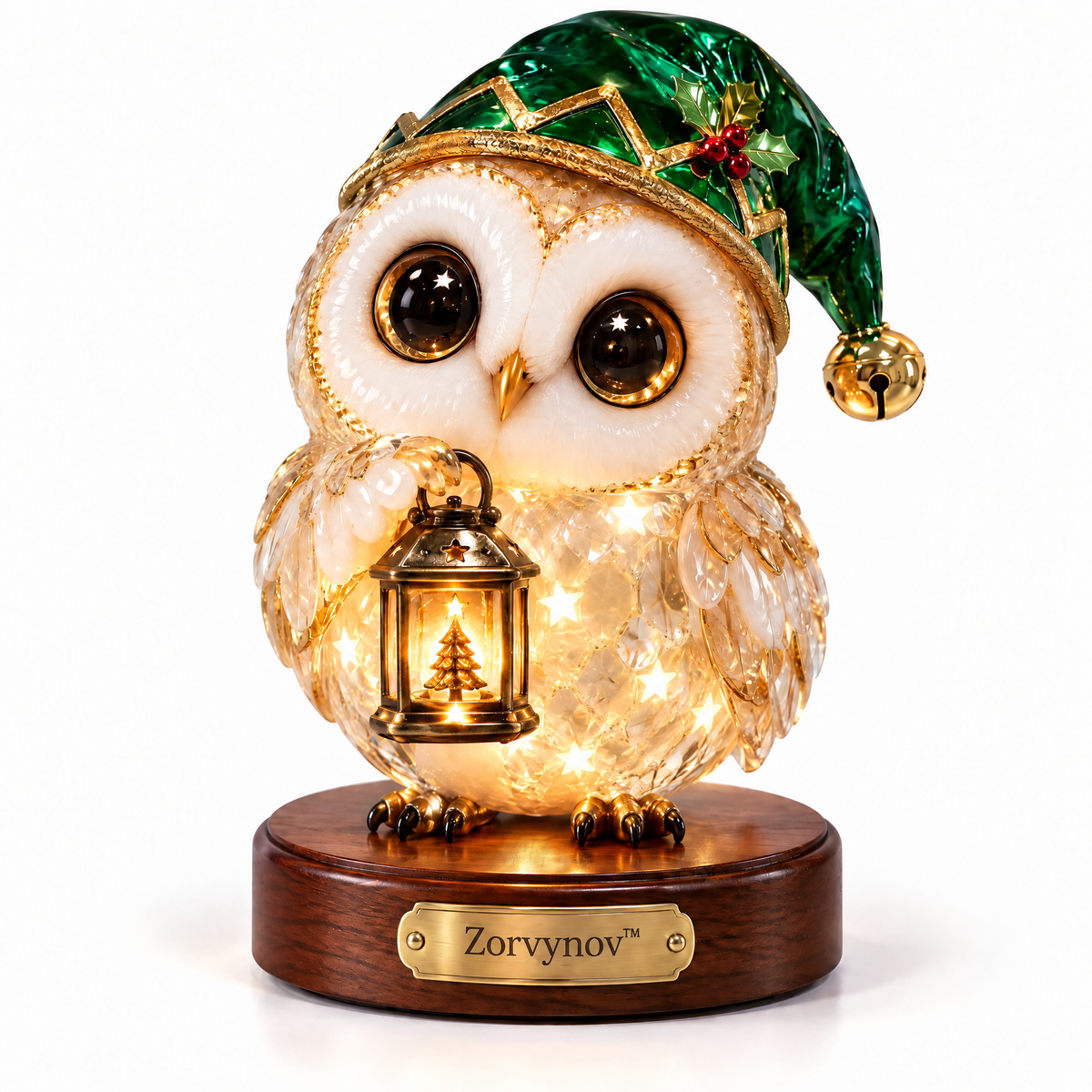 Zorvynov™ Lighted Glass Christmas Owl with Lantern LED Night Light