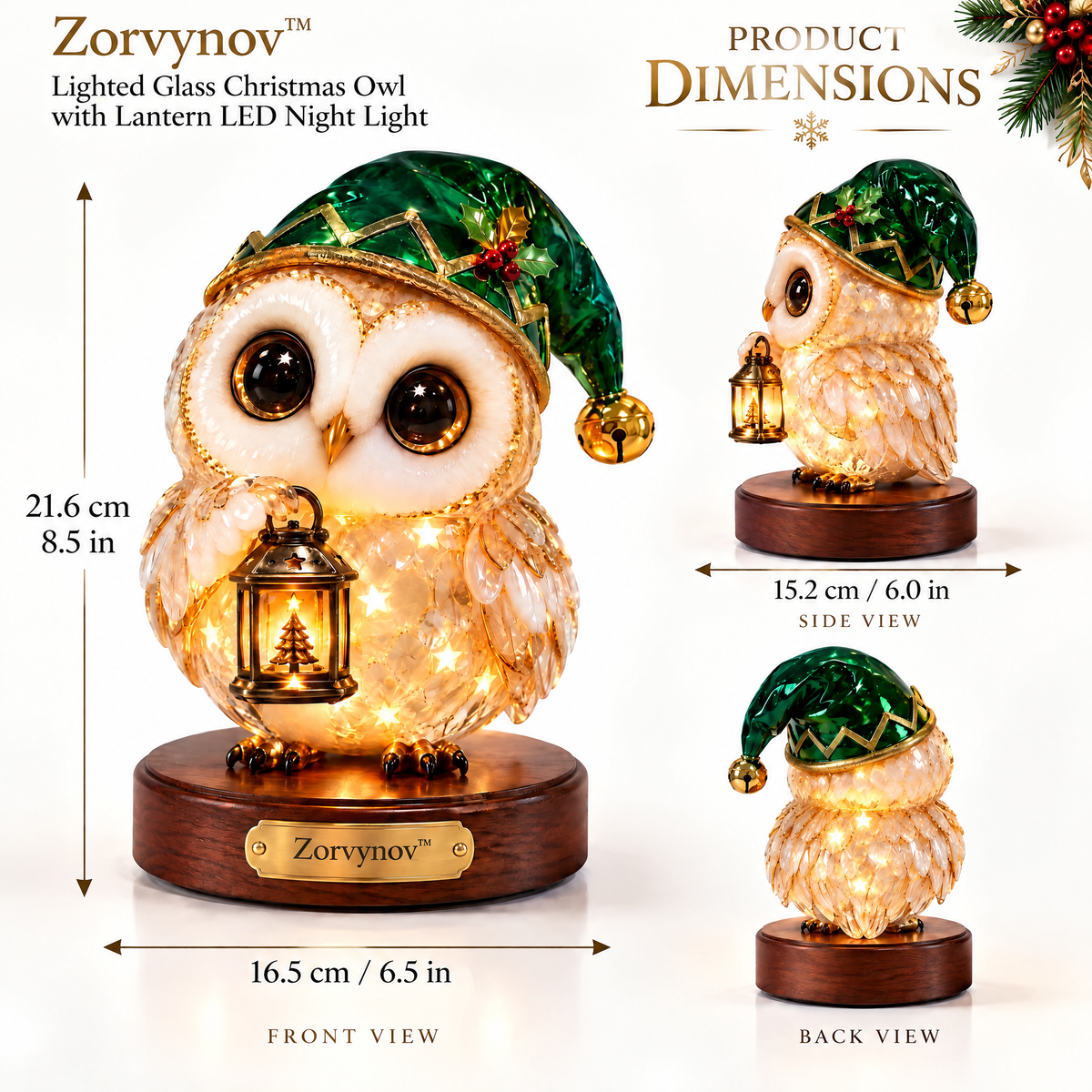 Zorvynov™ Lighted Glass Christmas Owl with Lantern LED Night Light