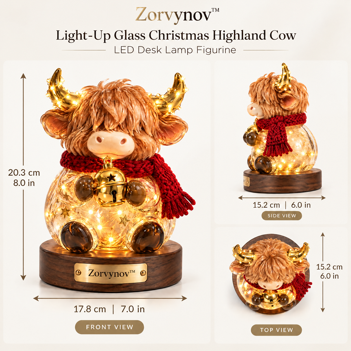 Zorvynov™ Light-Up Glass Christmas Highland Cow LED Figurine