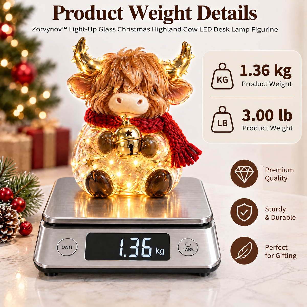 Zorvynov™ Light-Up Glass Christmas Highland Cow LED Figurine