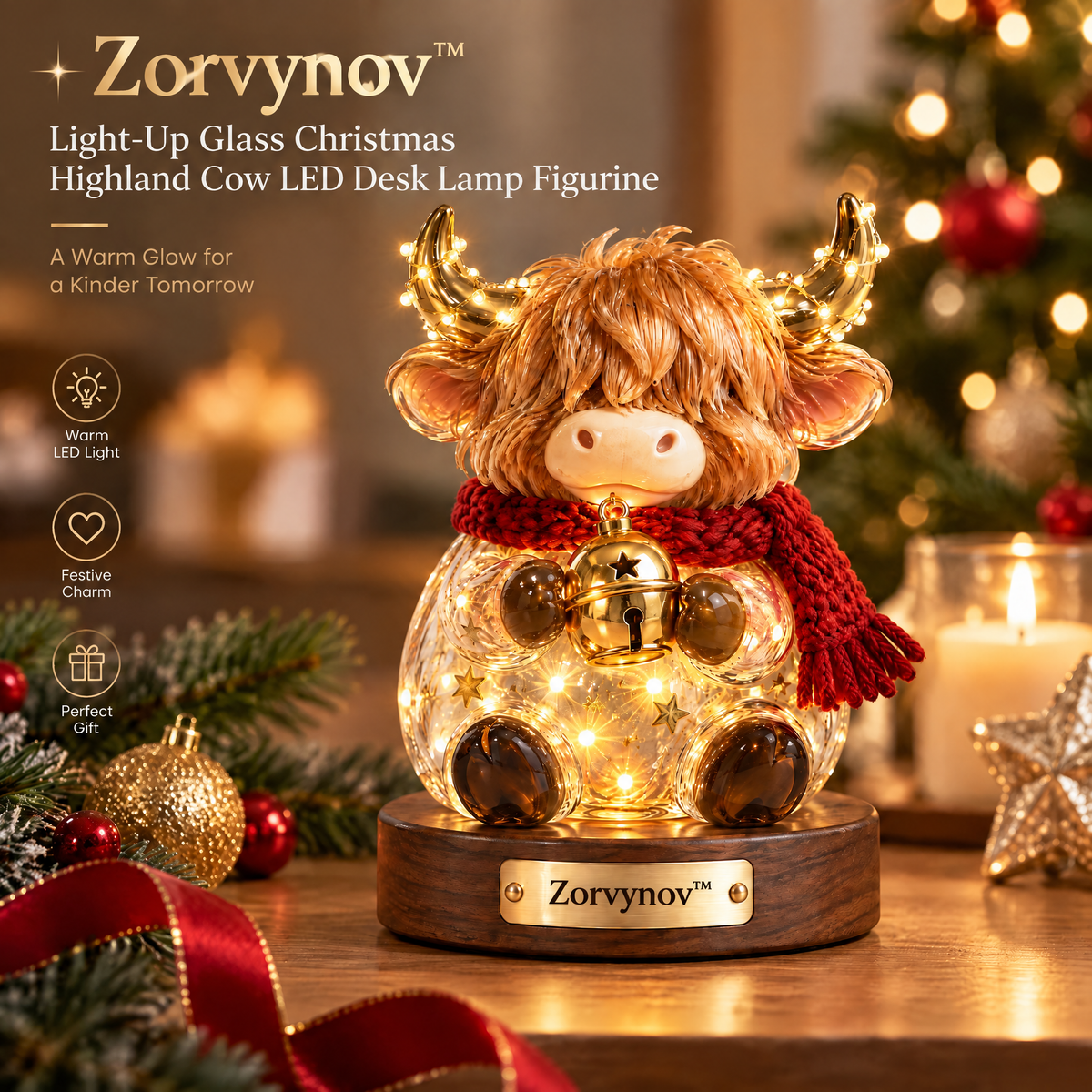 Zorvynov™ Light-Up Glass Christmas Highland Cow LED Figurine