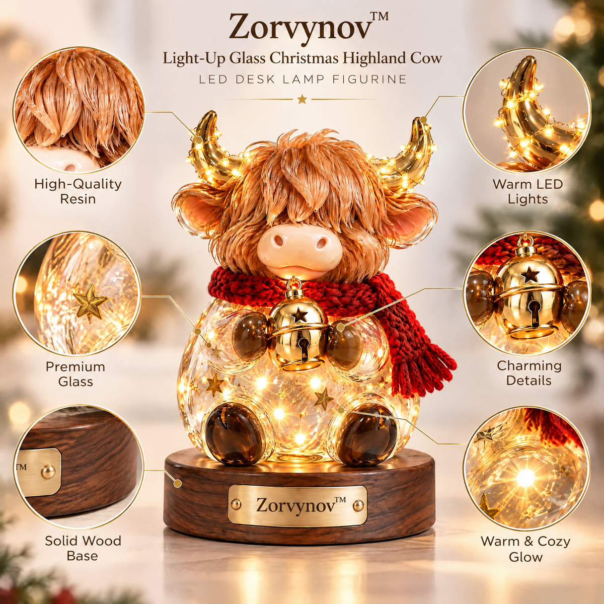 Zorvynov™ Light-Up Glass Christmas Highland Cow LED Figurine