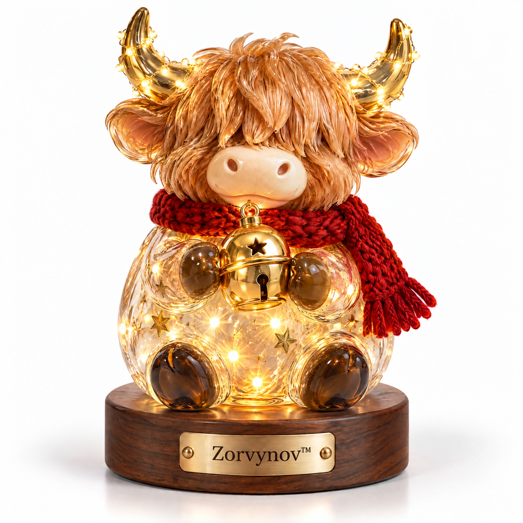 Zorvynov™ Light-Up Glass Christmas Highland Cow LED Figurine